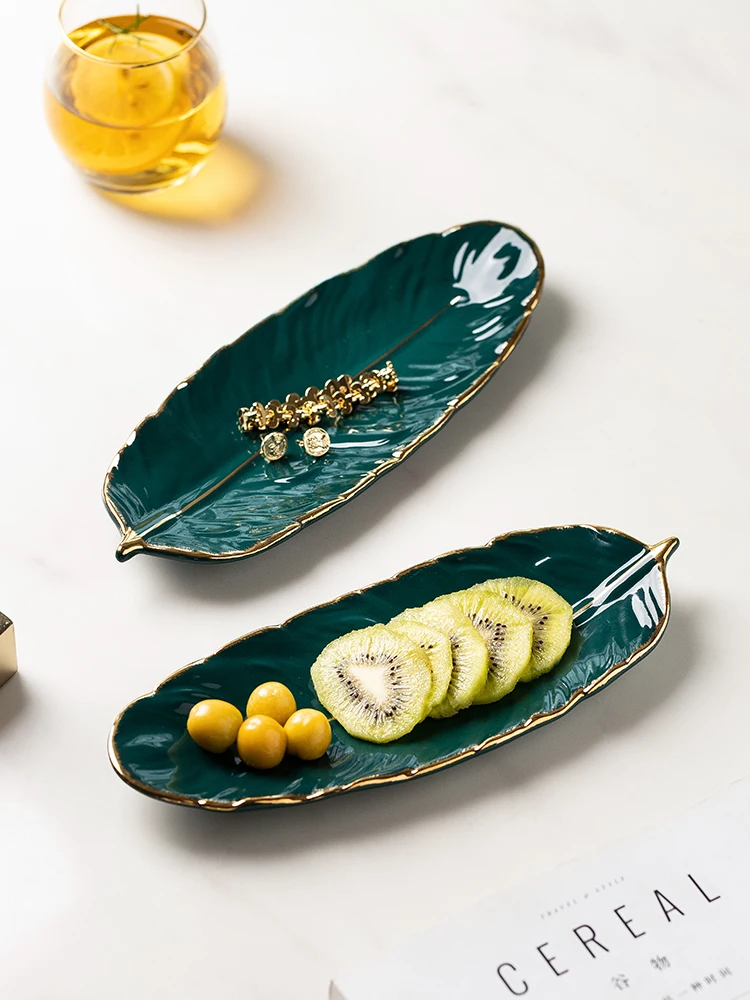 

Light Luxury Golden Edge Dessert Plate Rectangular Shaped Dim Sum Plate Household Ceramic Feather Fruit Plate