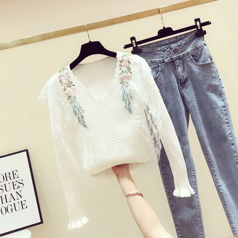 Autumn/Winter Floral Swerter Women 2019 New Lace Stitched Long-sleeved Knitted Top Sweet Embroidered Flower Sweater Girls | Женская