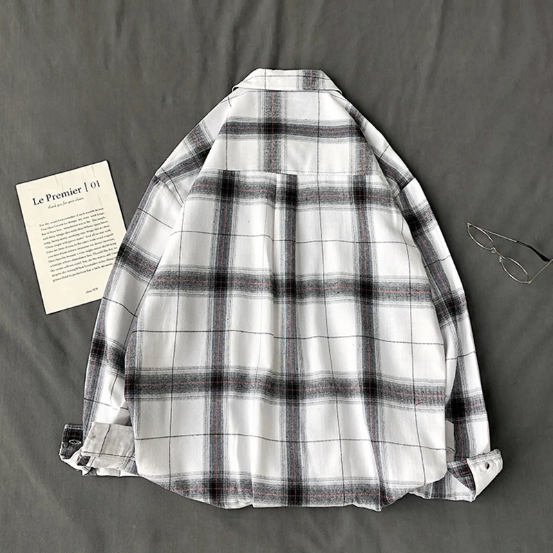 Рубашка мужская повседневная в клетку черная/белая оверсайз с длинным рукавом