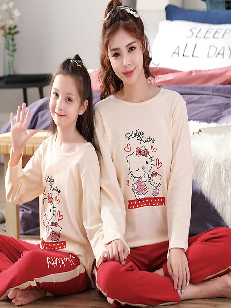 Семейные рождественские пижамы для мамы и дочки в одном стиле, платья Hello Kitty одежда из хлопка с длинными рукавами детские пижамы, для детей
