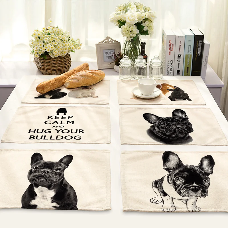 

Dog French Bulldog Pattern Placemat Dining Table Mat Cotton Linen Pad Drink Coaster Cup Mat Kitchen Accessories