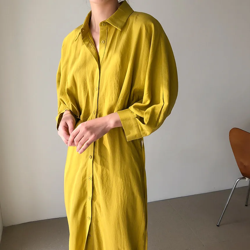

Simple Lapel Single Breasted Slim Waist Shirt Dresse for Women 2021 Spring Casual Batwing Sleeve Long Sleeve Yellow Dress Female