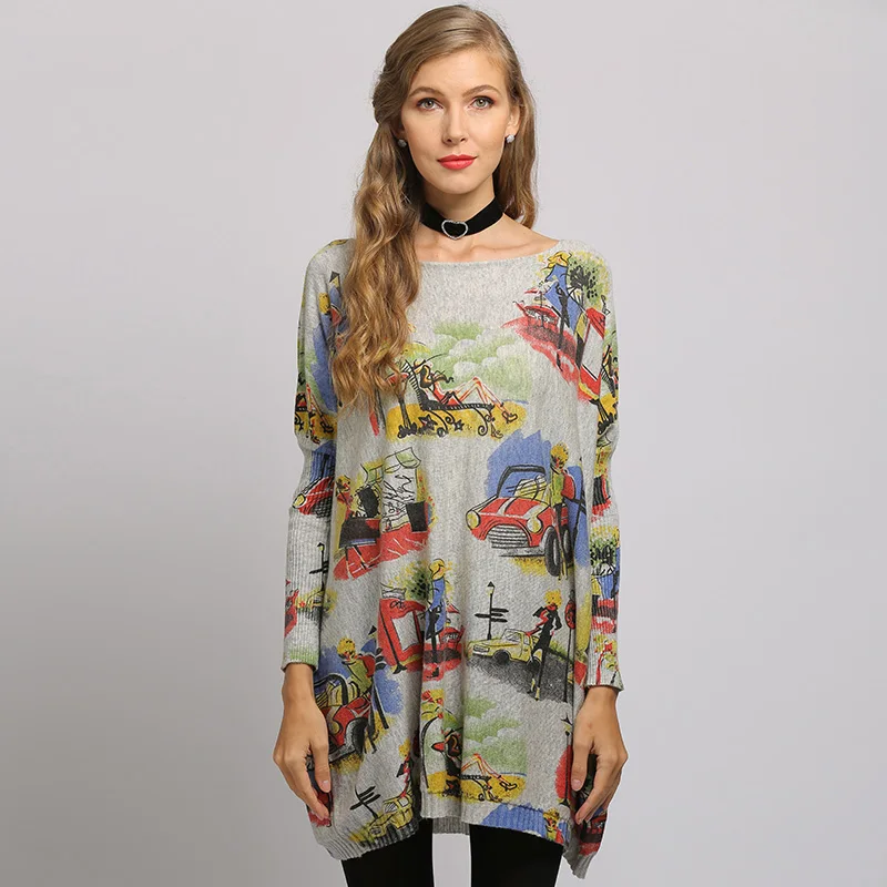 

Women Long Oversized Sweater Coat Oversized Sweaters and Pullovers Women Loose Cartoon Car Print Batwing Sleeve Pullover Sweater