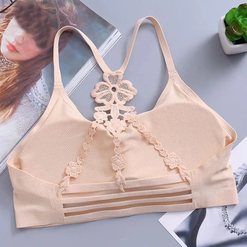 

Women Sexy Ice Silk Seamless Bow Strap Bra New Floral Decor Padded Bra Solid Color Wire Free Underwear