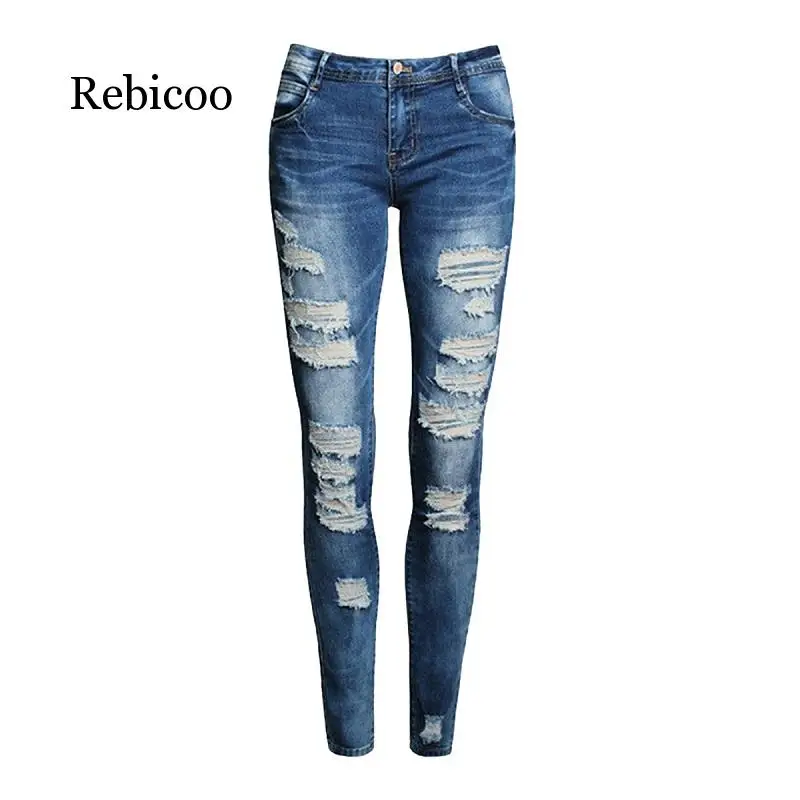 

2019 Autumn new hole jeans female Slim stretch Europe and America female autumn feet pencil pants large size