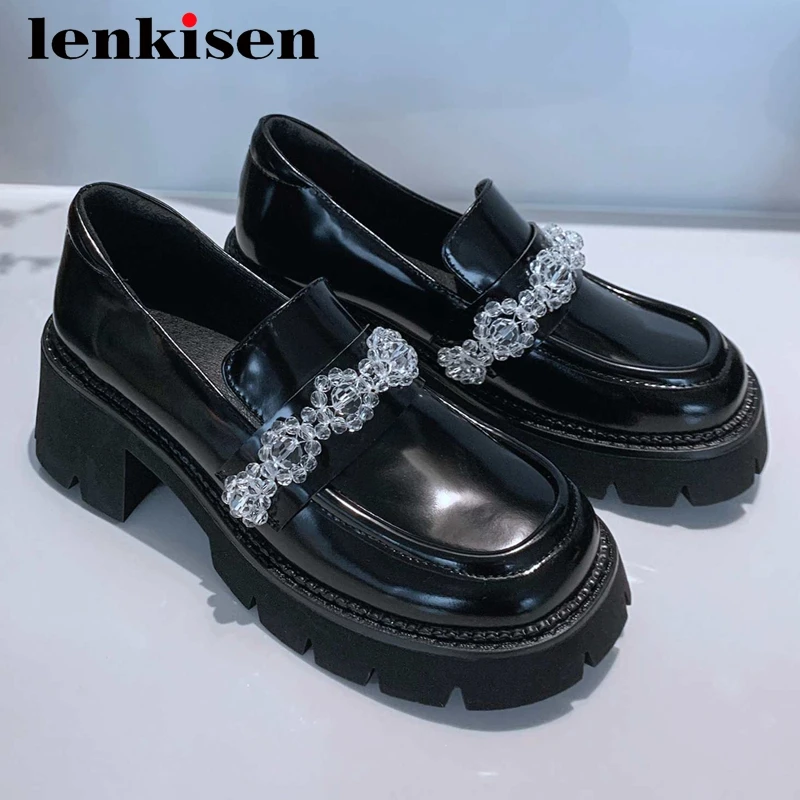 

Lenkisen concise style real cow leather crystal all-match platform round toe thick high heel slip on young lady women pumps L01