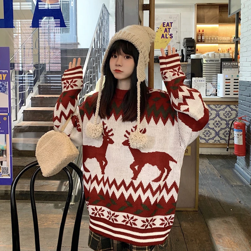 Preppy Style Winter Pullover Female Knitted Sweater with Deers for Women O-neck Sweaters Tops Mujer Jumper | Женская одежда