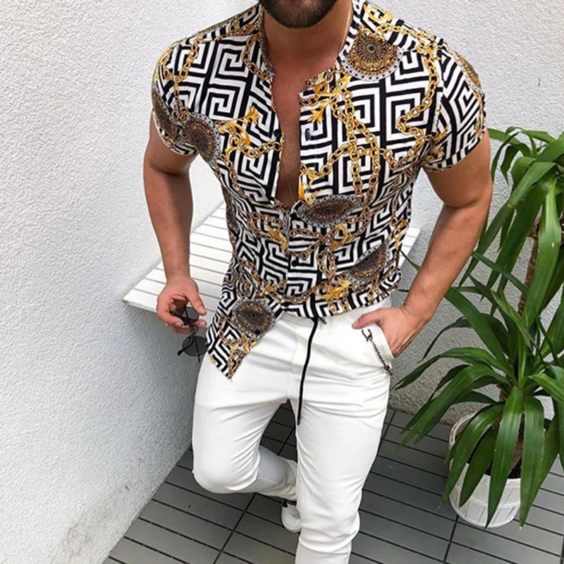 Summer Man Vintage Shirt 2023 Mens Ethnic Printed Stand Collar Stripe Short Sleeve Hawaiian Harajuku Men Shirts Chemise Homme