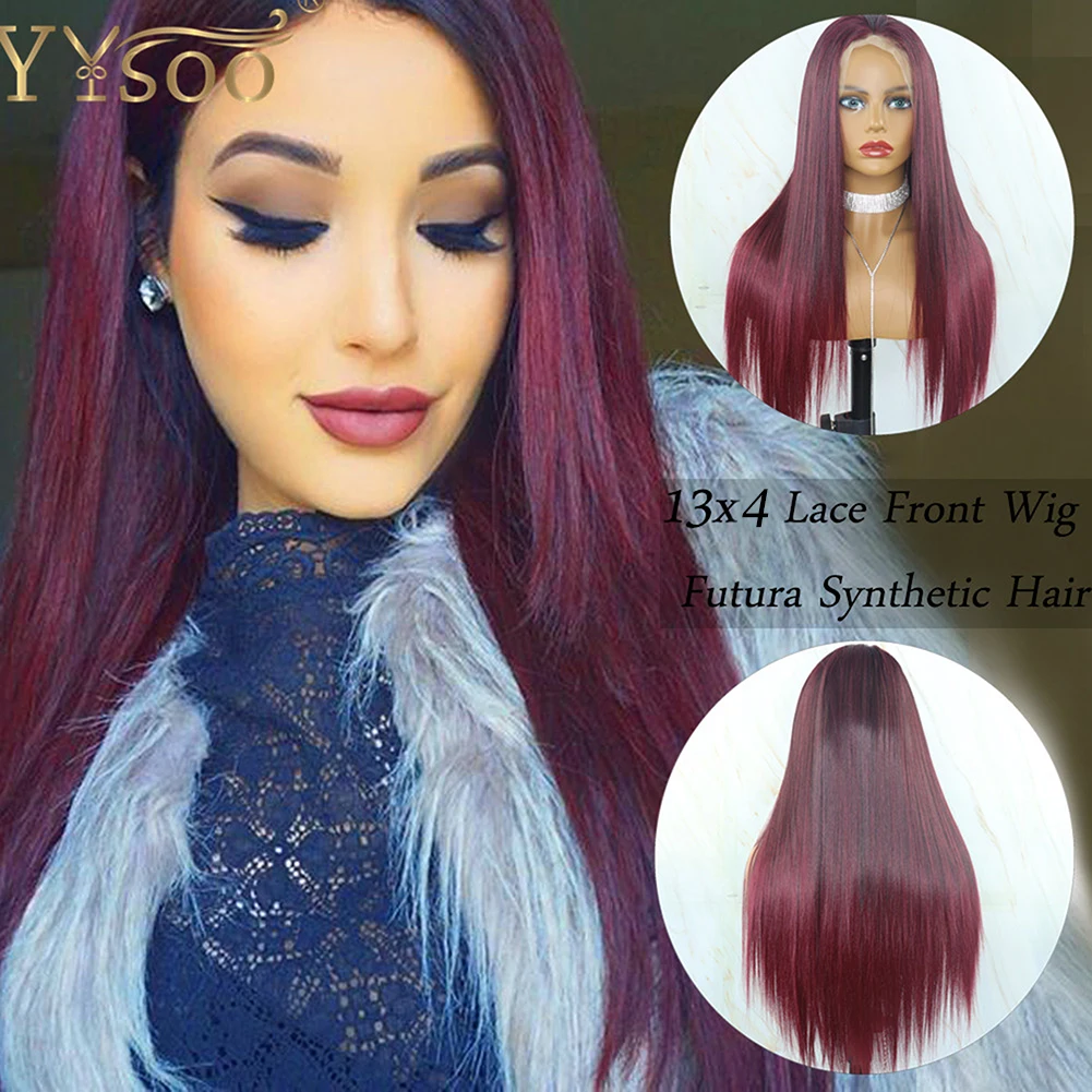 YYsoo Long 1B/39 Silky Straight 13x4 Futura Synthetic Lace Front Wigs Natural Hairline Japan Glueless Highlights Wig For Women