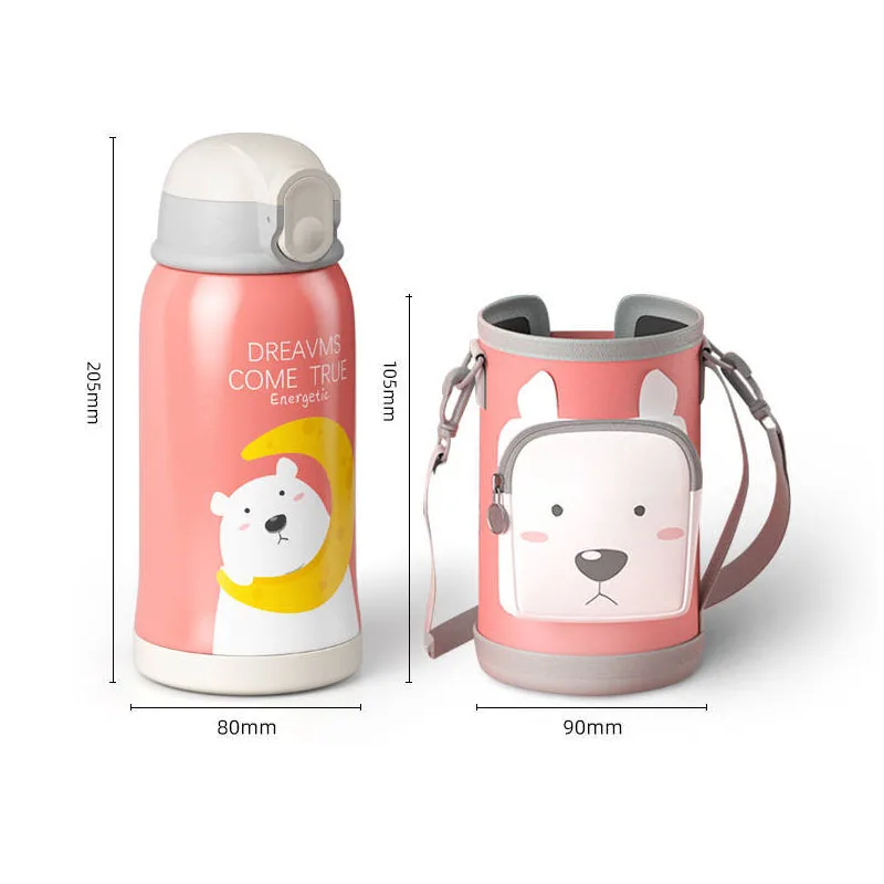 

550ml Cartoon Smart Thermos Cup with Shoulder Strap 3 Lids Portable Water Bottle with Straw 12-24 Hours Keep Warm Cold for Kids