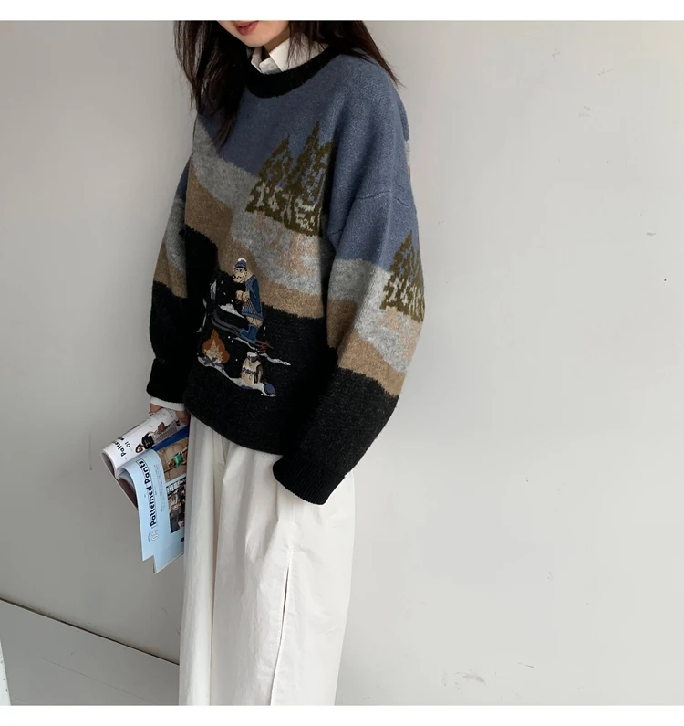 Woherb Pull Femme, осенне-зимний вязаный свитер в стиле Харадзюку, Женский контрастный пуловер с мультяшной вышивкой, джемпер, корейские свитера