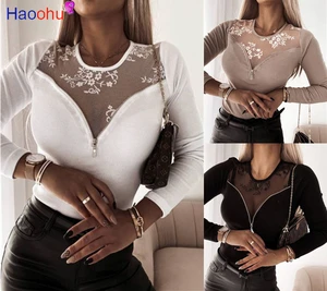 HAOOHU Women Sexy Mesh Sheer Patchwork Neck Clubwear Summer Top Pure Color Long Sleeve Tops Shirts