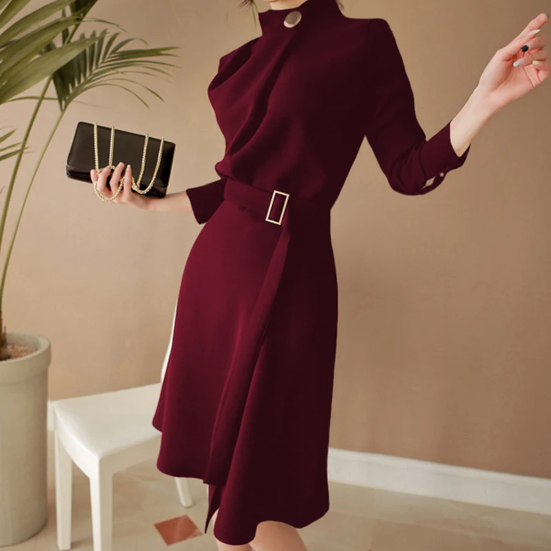 SHTONGHUA сексуальное красное платье винного цвета 2019 Осень Новые пояса Сплит до