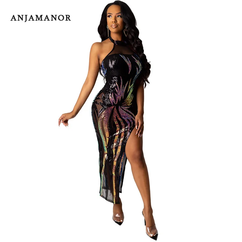 ANJAMANOR сексуальное платье с вышивкой из блесток прозрачное Сетчатое для вечеринки