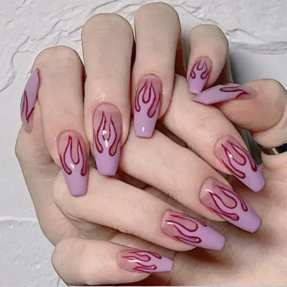 

24Pcs French False Nails Fire Pattern Wearable Coffin Long Ballerina Fake Nails Full Cover line Abstract Tips Press On Nail