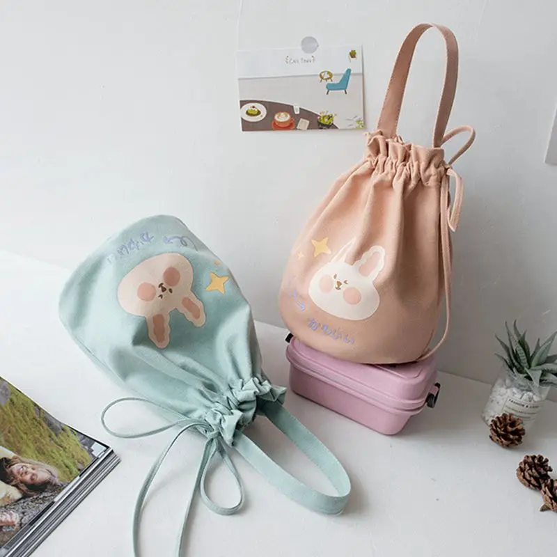 

Minimalism Students Can Be Cute Lunch Bag Canvas Korean Bucket Bundle Handbag Package Lunch Box Bag