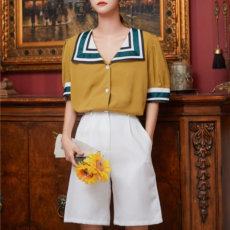 Темно синяя рубашка с воротником стойкой и пышными рукавами Свободная тонкая