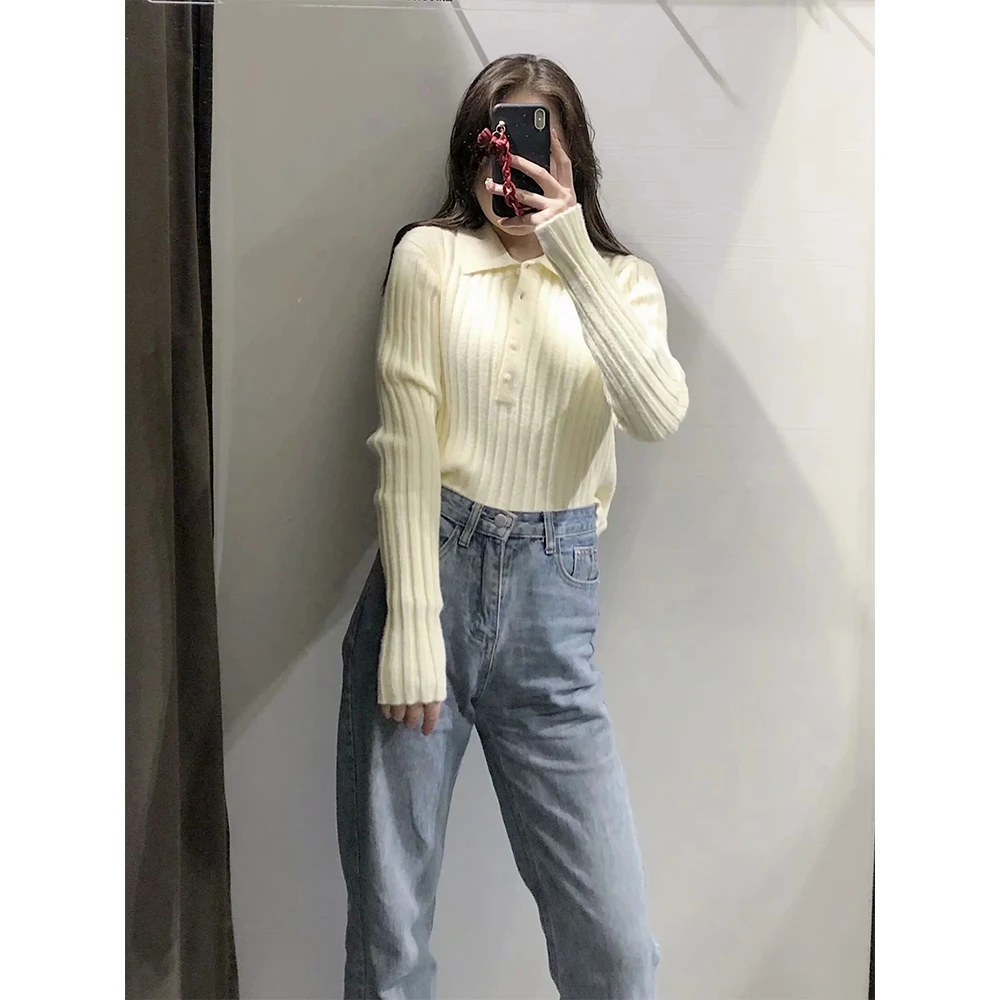 

2021 New Women Knitted Polo Shirt Long Sleeves Elastic Elegant Chic Lady High Fashion Casual knitted Woman Tops