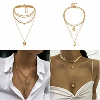 choker necklace small ball square metal pendant multi layered gold color punk necklaces jewelry snake chain