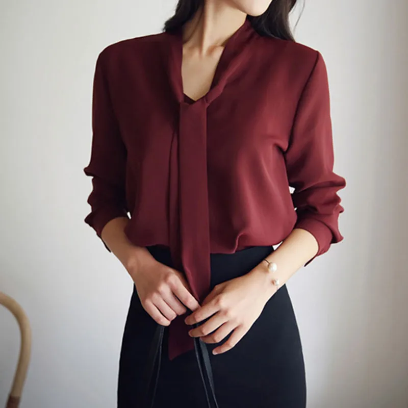 Для офиса для девушек длинный рукав Женские однотонные Цвет рубашка шифоновая