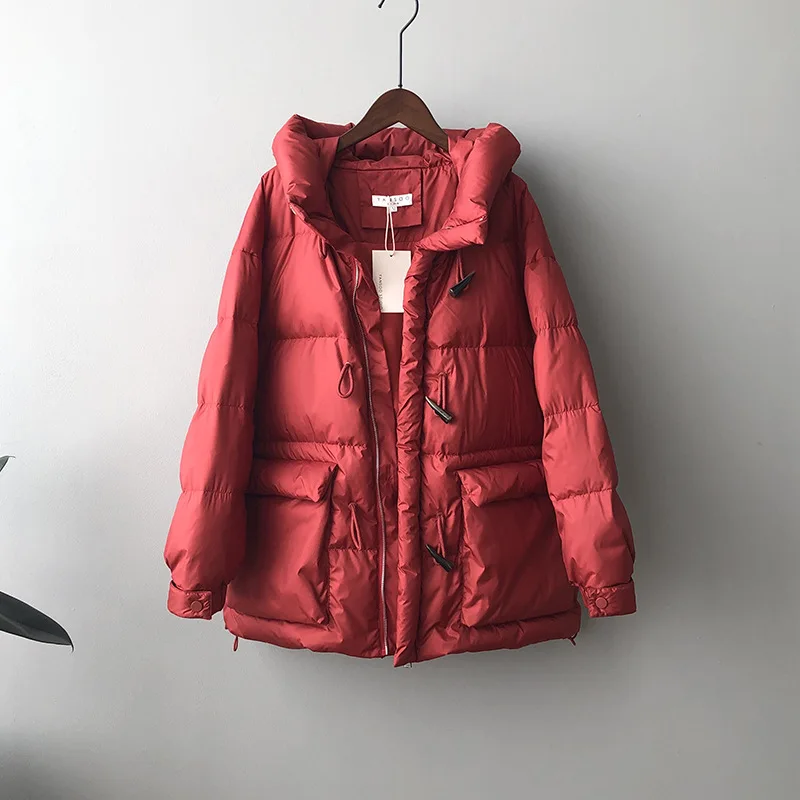 

COZOK 2021 Winter New White Duck Down Cattle Horn Button Down Jacket Women's Loose Stand Collar Hooded Warm Jacket 2068