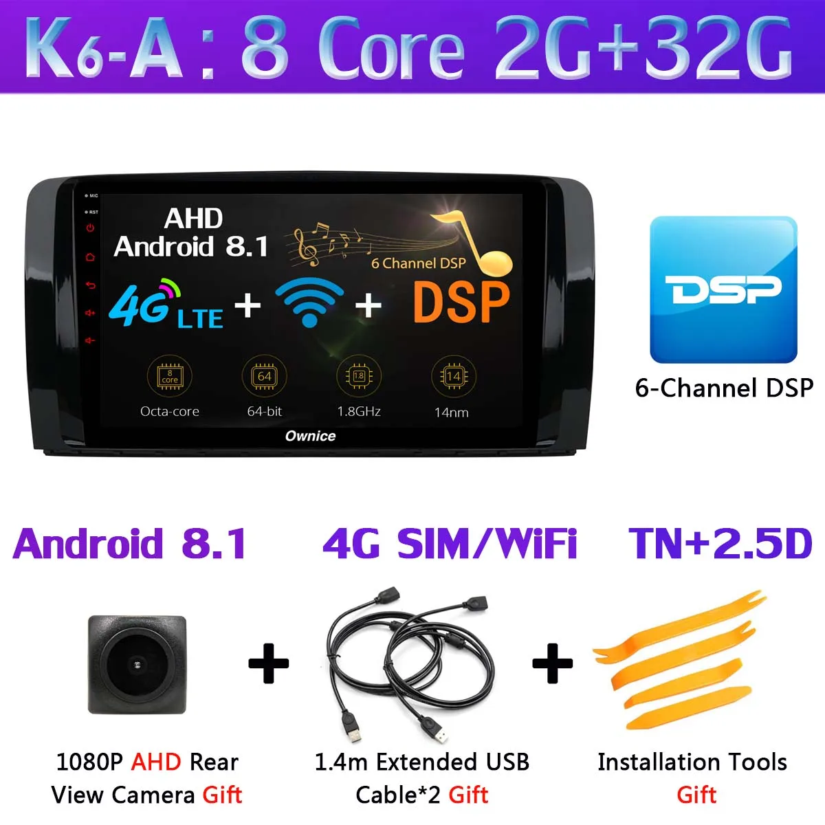 K6-A 1Din 360 ° камера 4G LTE WiFi Android 9,0 4G+ 64G SPDIF DSP CarPlay автомобильный мультимедийный плеер для Mercedes Benz R Class W251 gps радио - Цвет: K6-A