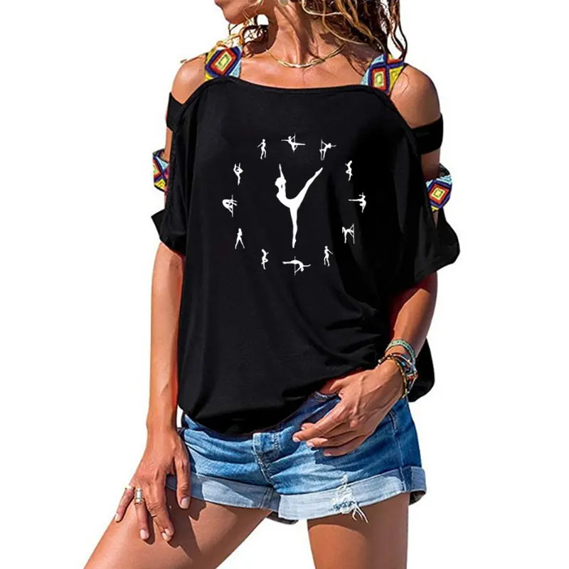 

Women summer wear Pole Dancers Printed T-shirt Sexy Chick Dancing Strippers print Short Sleeve Sexy Hollow Out Shoulder Tees