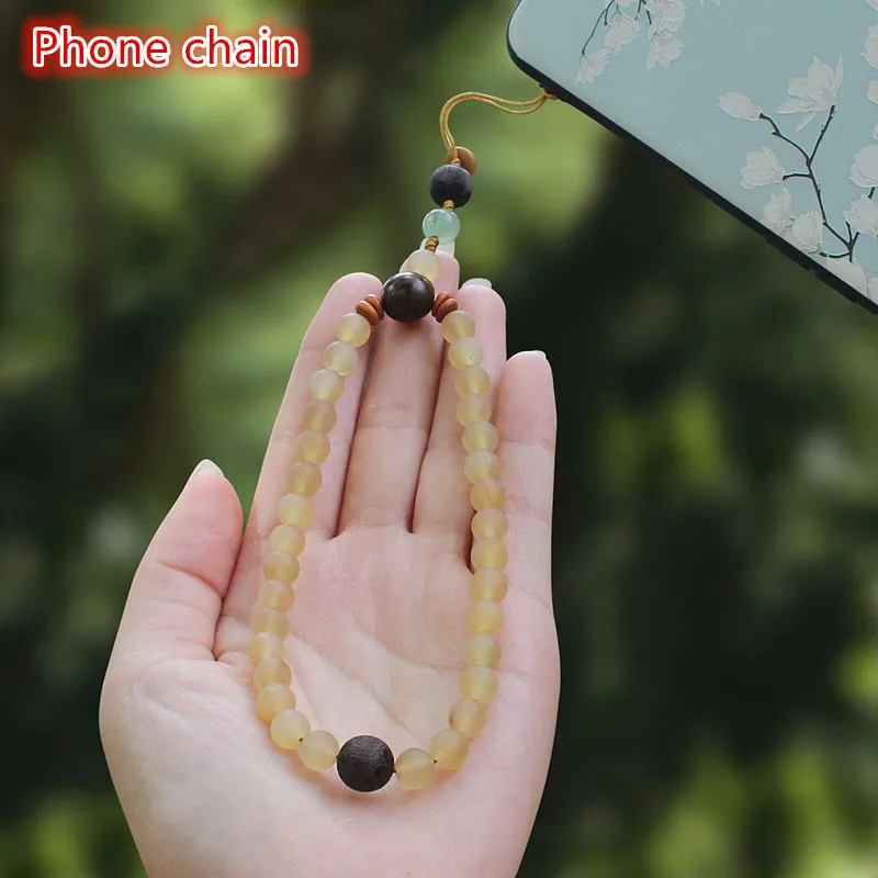 

Chinese element handmade sandalwood beads horn beads short mobile phone chain lanyard short wrist rope mobile phone case pendant
