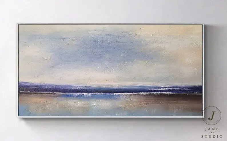 

Абстрактная живопись с фиолетовым морем, большая оригинальная картина с изображением неба, абстрактная картина масляного ландшафта, насте...