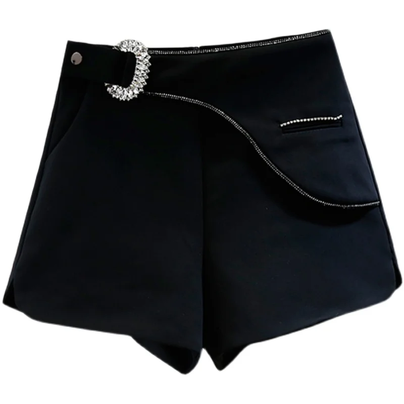 

Exquisite Rhinestone Irregular A- Line Casual Wide-Leg Shorts Woman 2021 New Summer Korean Style High Waist Slim Suit Shorts