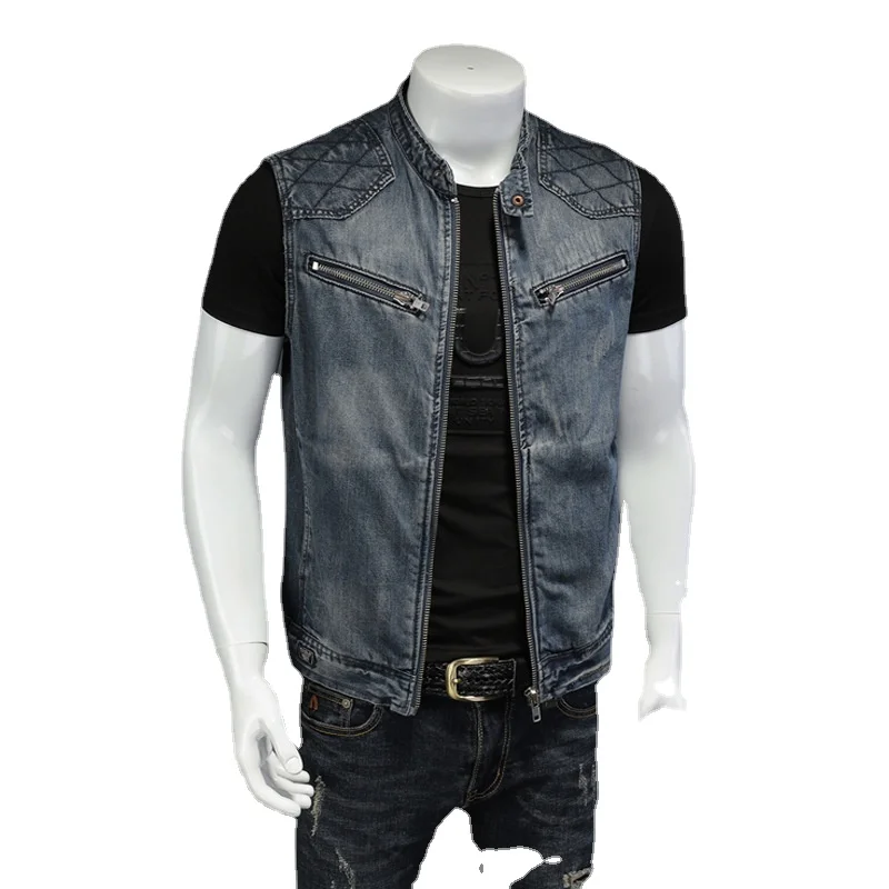 

Mens Stand Collar Motorcycle Biker Denim Vest Vintage Zipper Cowboy Wasitcoat Men Casual Cotton Sleevless Jean Jacket Coat M-6XL