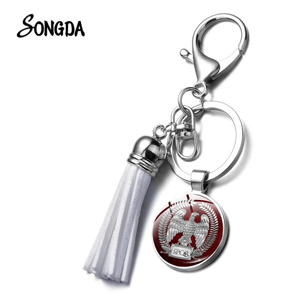 

Golden Roman Empire Eagle Emblem SPQR Tassel Keychain Antique Roman Legions Symbol Glass Dome Key Chain Jewelry Exquisite Gifts