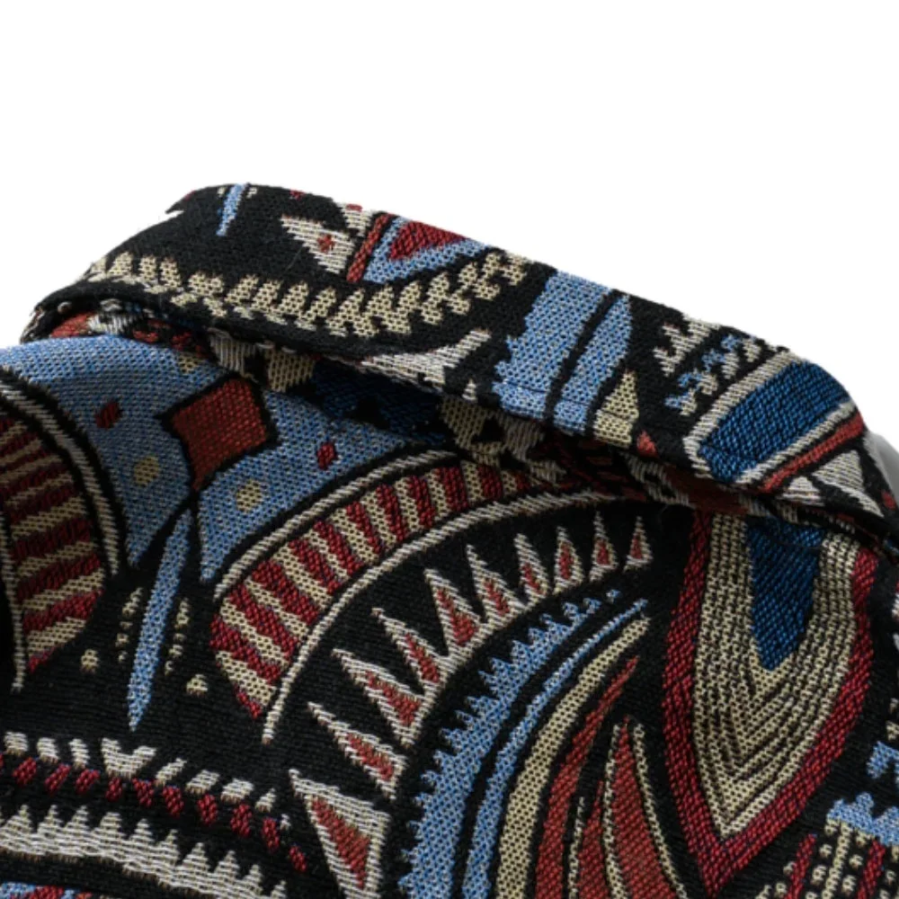 

Nation Style Knitted Casual Shirts Men Vintage Flower Clothing Embroidery Geometry Long Sleeve Button Shirt Hip Hop Tops Coats