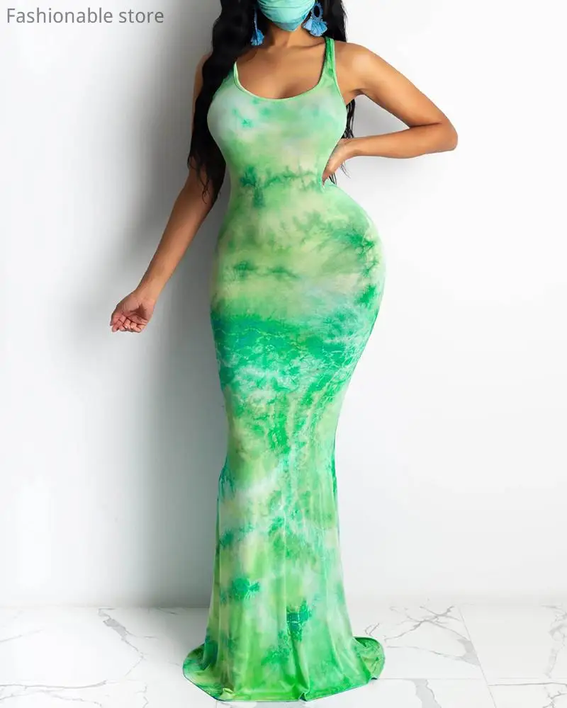 

Print Mermaid Sleeveless Maxi Dress Women Casual Square Neck Slim Fit Bodycon Long Dress