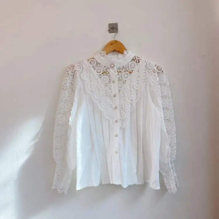

Korean Chic Autumn Retro French Niche Design Palace Style Top Lace Stand Collar Long Sleeve Shirt
