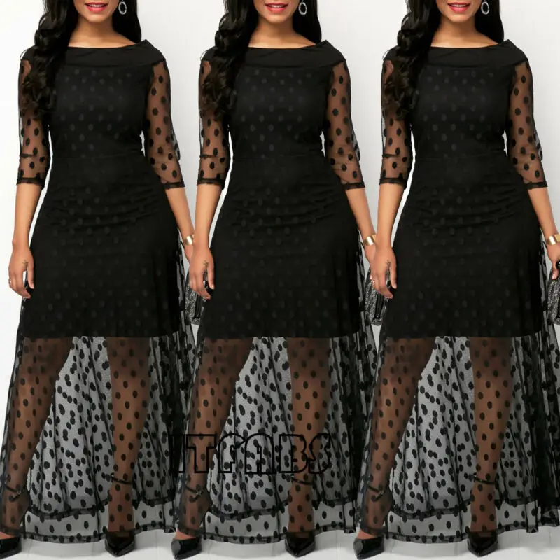 Женское Сетчатое Черное длинное платье в горошек летние Макси-платья с открытыми