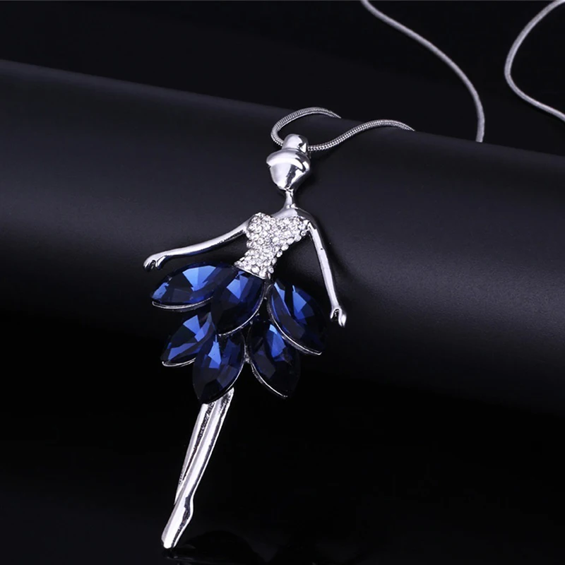 Ballet Figure Dance Girl Blue Crystal Pendant Necklace Ballerina Fashion Classic Color Link Chain Necklaces Jewelry