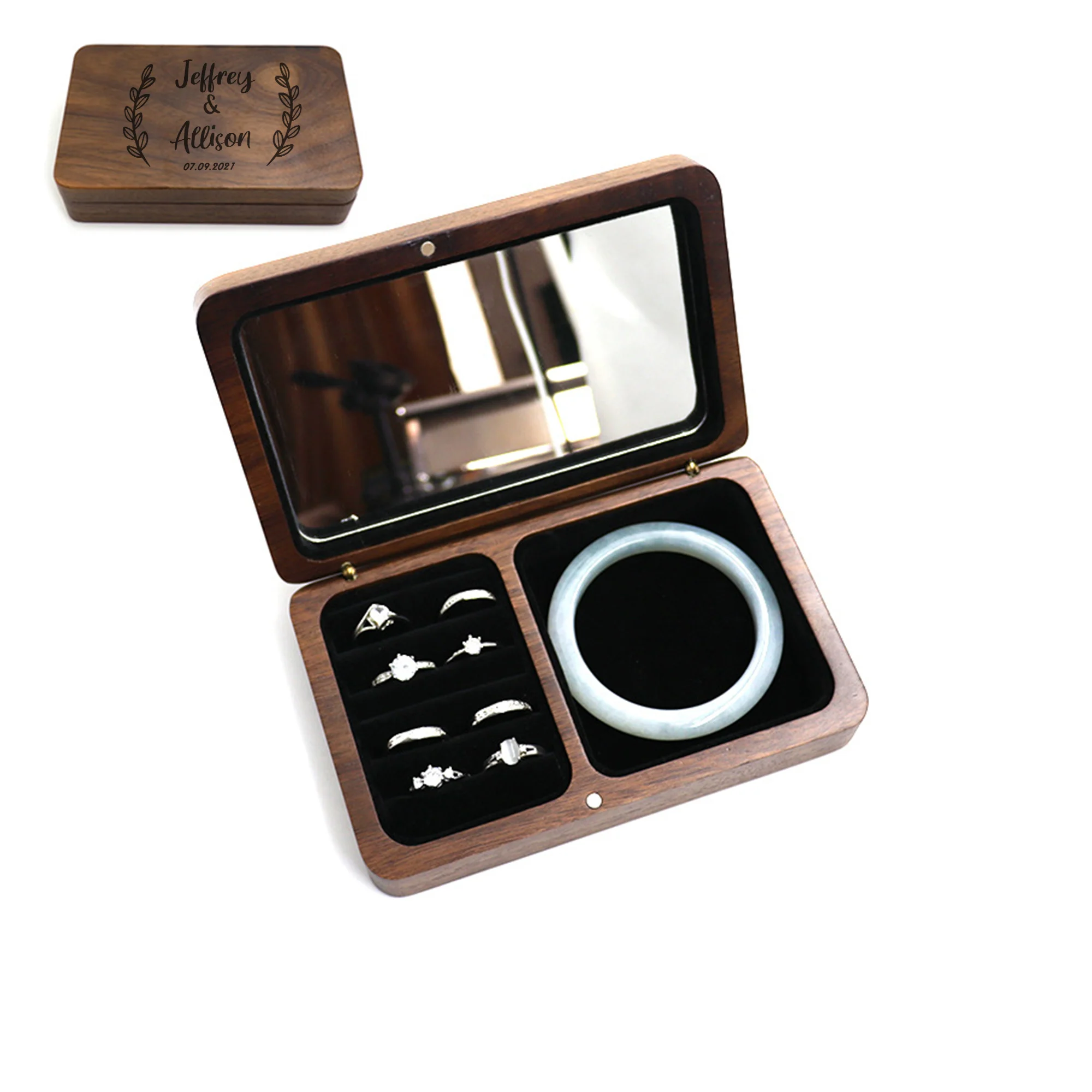 Retro Black Walnut Jewelry Box Organizer Personalised Name Date Handmade Jewelry Storage Earring Holder Gifts With Makeup Mirror