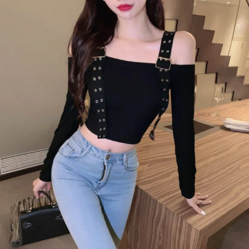

Spring Women T-shirts Fashion Leisure Female T-shirt Long Sleeve Strapless High Waist Short Sexy Collar Lady T Shirt Basic Y7