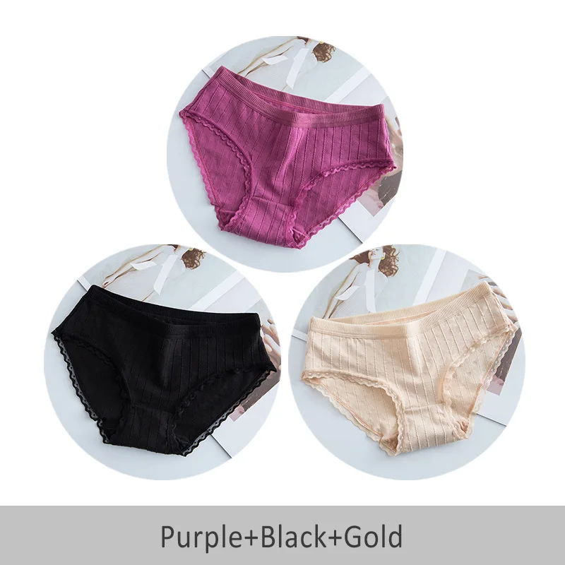 Purple Black Gold Сексуальные хлопковые шорты, кружевные боковые трусики, дышащее нижнее белье для женщин, средняя посадка под брюки, строгие Простые штаны, стринги, Culotte Femme - Цвет: Purple Black Gold