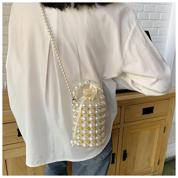 

Ins Dinner Ladies Diy Hand-woven Beaded Pearl Bag Bill of Lading Shoulder Slung Bucket Bags for Women 2021 New Luxury Handbags