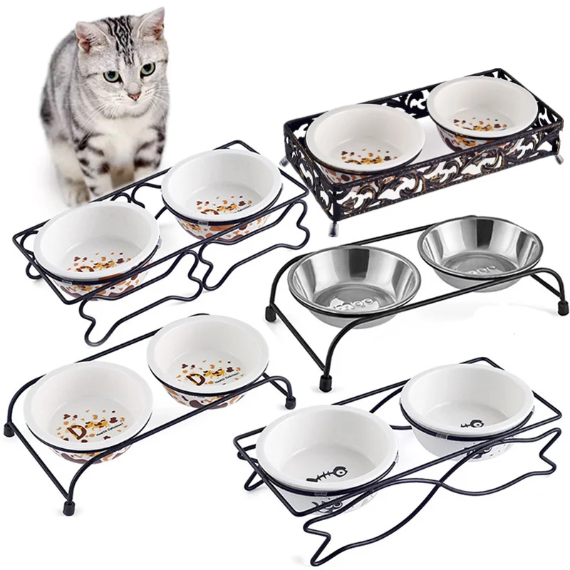 

Double Bowl Pet Supplies Dog Bowl Stainless Steel Ceramics Cat Feeding Food and Water Dish Bowls High Grade Antiskid Pet Bowls