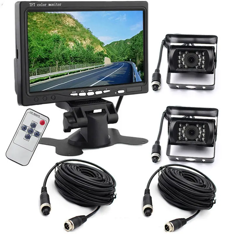 

12V-24V 7" TFT LCD HD Color Car Monitor +2x 4Pin Bus Truck RV Caravan Trailers IR Night Vision Reversing Backup Rear View Camera