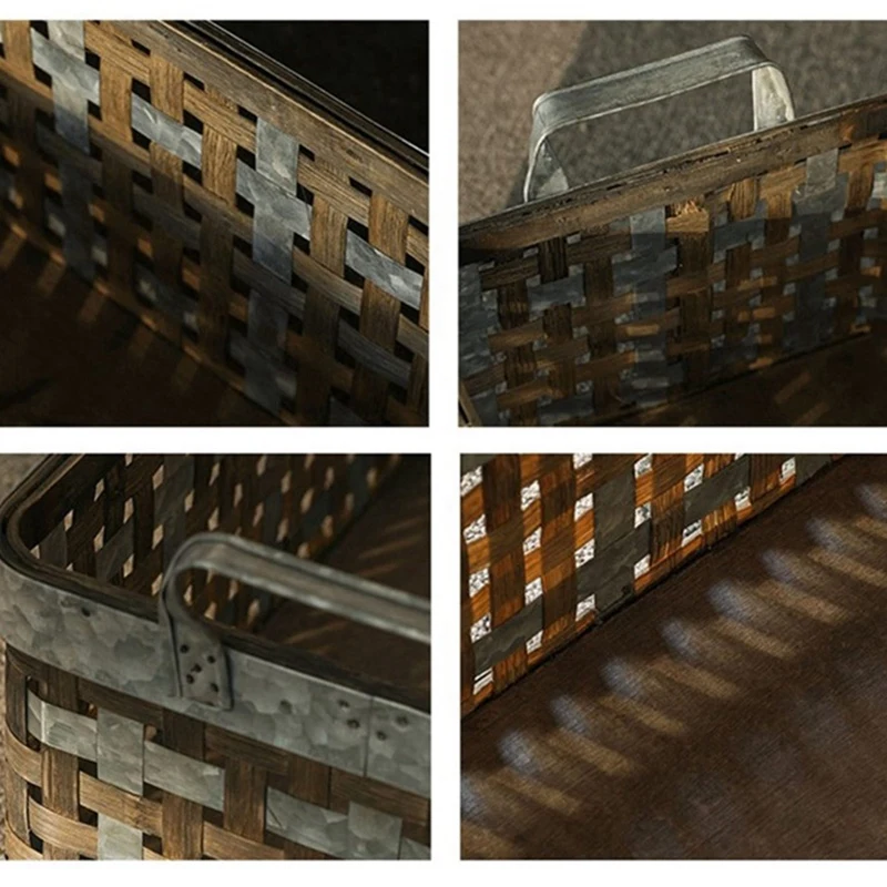 

2 Pcs Square Galvanized Silver Metal Woven Storage Basket with Handle Retro Rustic Farmhouse Industrial Style Home Decor