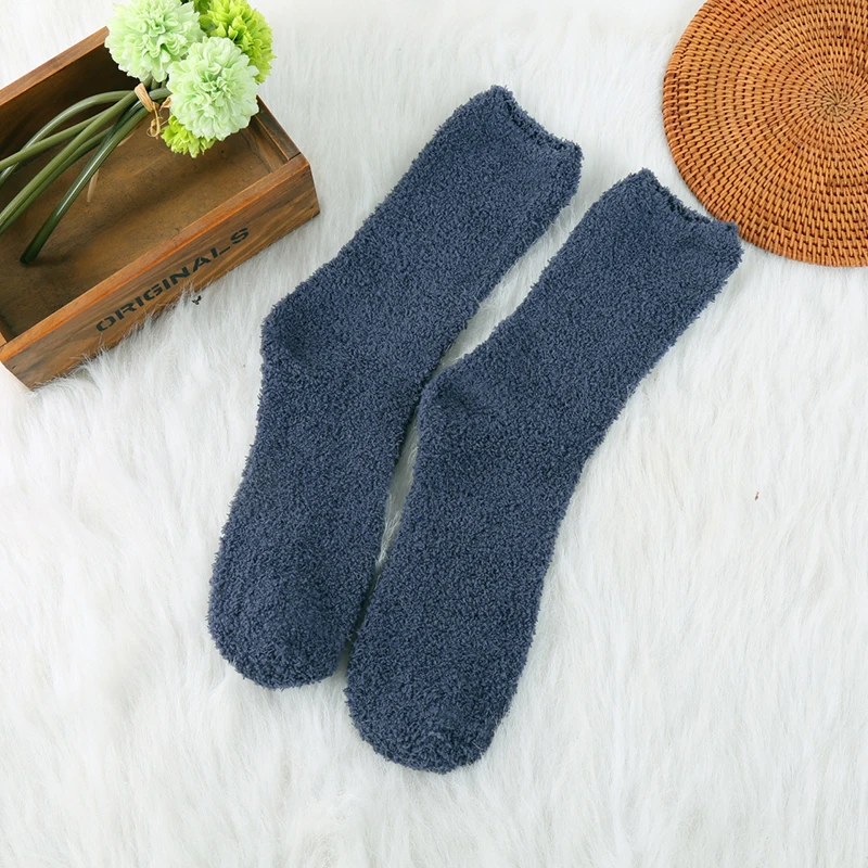

Cotton Coral Fleece Thick Soft Warm Towel Sleep Winter Socks Dark Blue Color Men's Solid Color Half Fleece Socks Carpet Floor