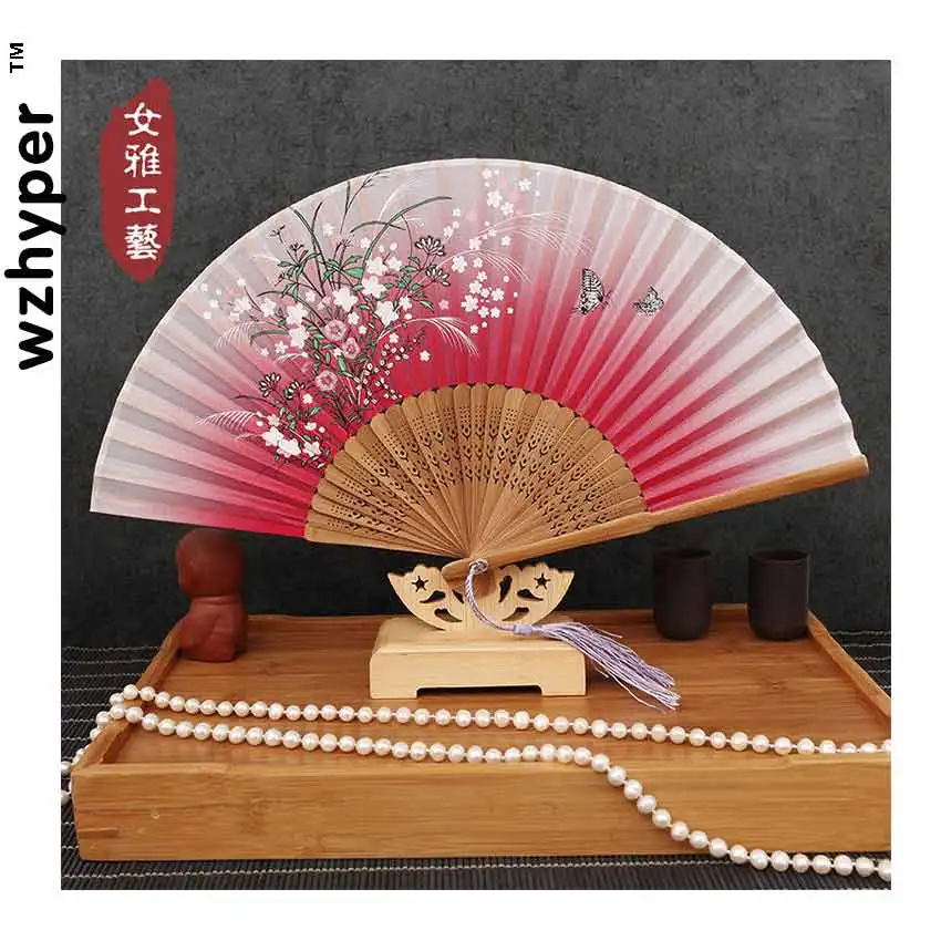 

Реквизит для косплея ручной работы веера винтажные китайские шелковые цветочные принты Складные Полые резные украшения ремесла