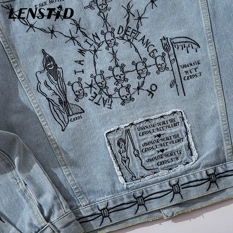 

LENSTID Autumn New Hip Hop Letters Skull Embroidery Denim Bomber Jackets Mens Distressed Streetwear Vintage Fashion Jeans Jacket