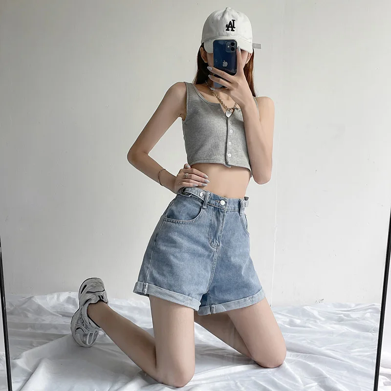 

Шорты женские джинсовые с завышенной талией, свободные повседневные милые ковбойские, на молнии, в Корейском стиле, в стиле оверсайз, голуба...