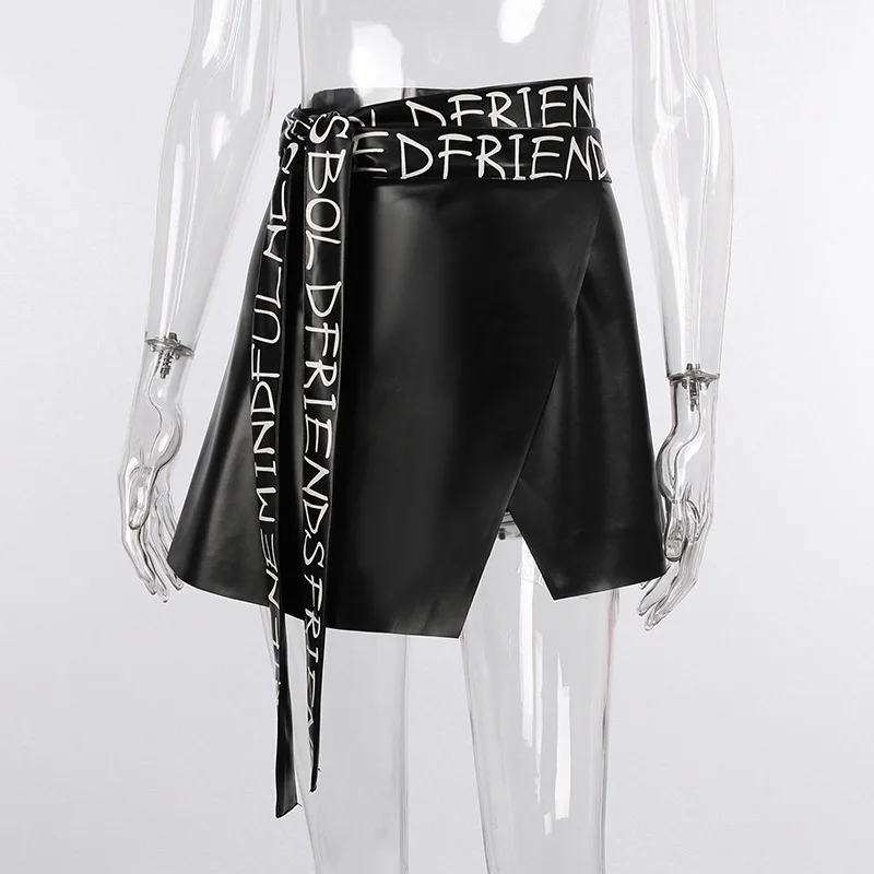 

2021 Women's Fashion Pu Leather Pencil Skirt Letter Print Skirt Office Dress Split Black Mini Skirt Female Chic Tight Skirt