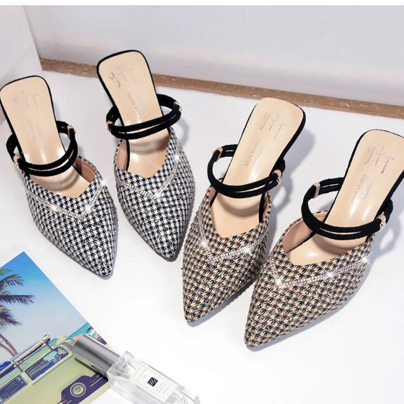 Fashion Summer The New Baotou Wear Two Outer Wear Half Slippers Party Shallow Thin Heels Slides Med (3cm-5cm) Sequins Breathable